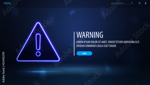 Blue poster with neon warning triangle logo on blurred background.