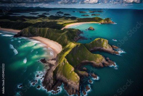 Aerial picture of New Zealand's Whangarei Heads. Generative AI photo