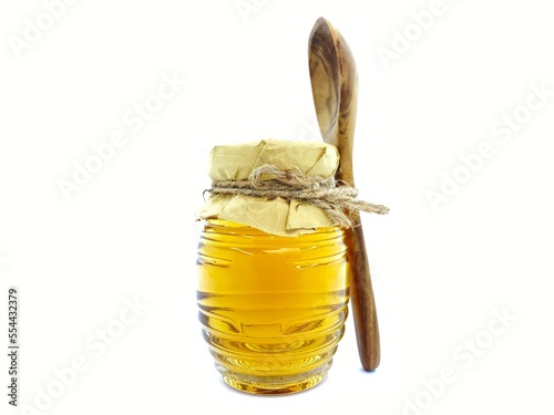 Vintage Old Honey Bee Bottle Packaging Design Ideas, Dipper and wood spoon, pure natural wild honey issues, health benefits for cancer, diabetes, organic acids and enzymes