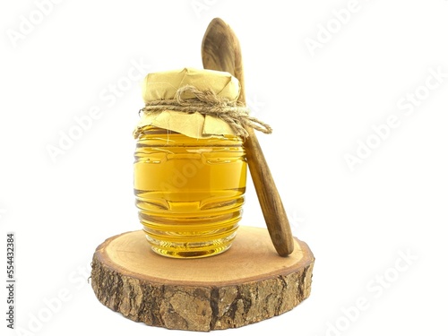 Vintage Old Honey Bee Bottle Packaging Design Ideas, Dipper and wood spoon, pure natural wild honey issues, health benefits for cancer, diabetes, organic acids and enzymes