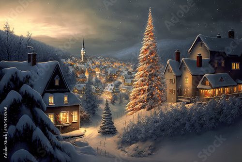 A lit up Christmas tree in the foreground with a snowy village winter landscape background. Generative AI illustration.