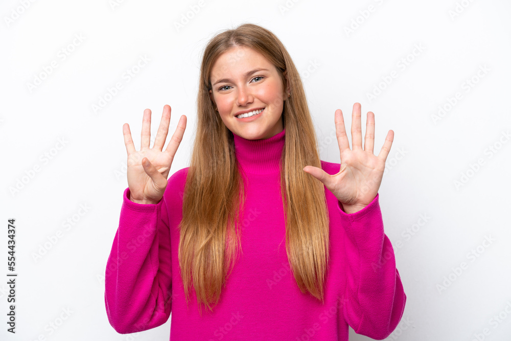 Young caucasian woman isolated on white background counting nine with fingers Young caucasian woman isolated on white background counting nine with fingers