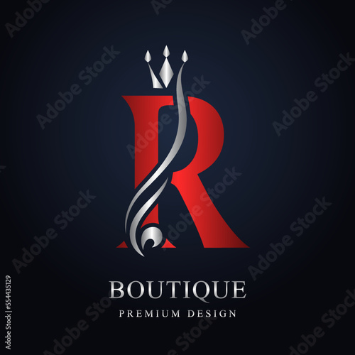 Red Capital lette R with Silver Crown. Graceful Royal Style. Calligraphic Beautiful Logo. Vintage Elegant Emblem for Book Design, Brand Name, Business Card, Restaurant, Boutique. Vector Illustration