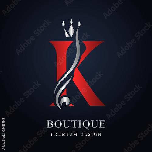 Red Capital letter K with Silver Crown. Graceful Royal Style. Calligraphic Beautiful Logo. Vintage Elegant Emblem for Book Design, Brand Name, Business Card, Restaurant, Boutique. Vector Illustration