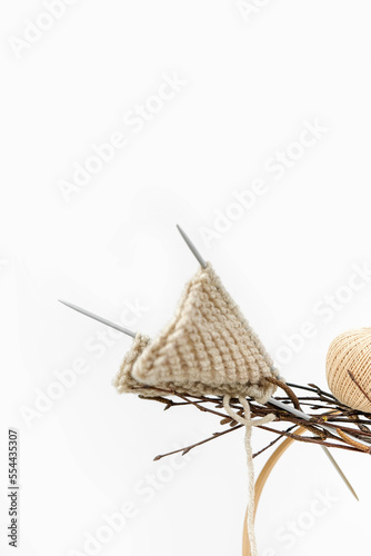 Knitting.Crocheting a hobby and lifestyle,   zero waste, handmade,lagom hugge cozy,long banner,knitting diy background. hobby background with yarn in natural colors.  Mock up, copy space, top view