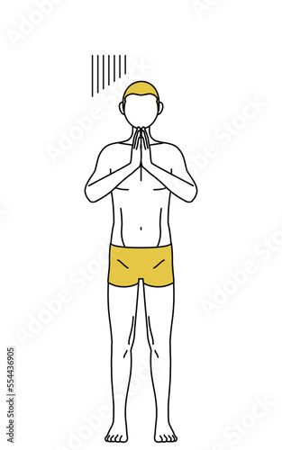 体の前で手を合わせて謝る下着姿の男性、脱毛やメンズエステのイメージ