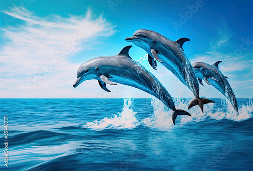 Beautiful bottlenose dolphins leaping from the ocean on a bright day in the sea with pure blue water. Generative AI © 2rogan