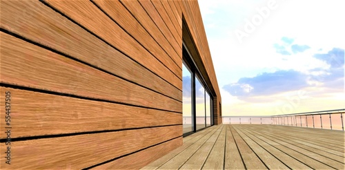 Environmentally friendly facade board as a wall decoration for a stylish spacious balcony. Wooden floor. Sliding glass doors. 3d rendering. © Oleksandr
