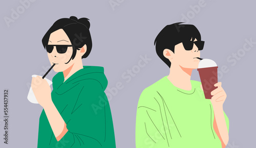 teenage boy and girl drinking juice, milk, coffee, etc. wear sunglasses. drink, snack, dehydration concept. vector flat illustration.