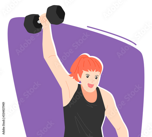 the girl with the ponytail hair lifted the barbell up with an excited, happy expression. concept and theme of fitness, gym, exercise, health. vector flat illustration.