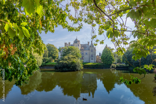 A beautiful shot of a castle unfolding from behind a pond in a park
