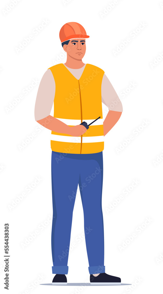 Builder or engineer standing in work clothes, orange protective helmet and holding radio in his hand. Engineer manages the construction process. Vector illustration.