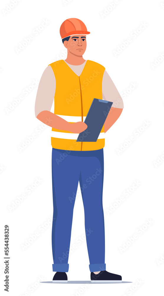 Man engineer. Construction Worker in uniform and orange protective helmet, holding clipboard with checklist. Head of construction works. Vector illustration. Man engineer. Construction Worker in uniform and orange protective helmet, holding clipboard with checklist. Head of construction works. Vector illustration.