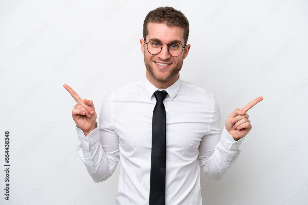 Young business caucasian man isolated on white background pointing finger to the laterals and happy Young business caucasian man isolated on white background pointing finger to the laterals and happy