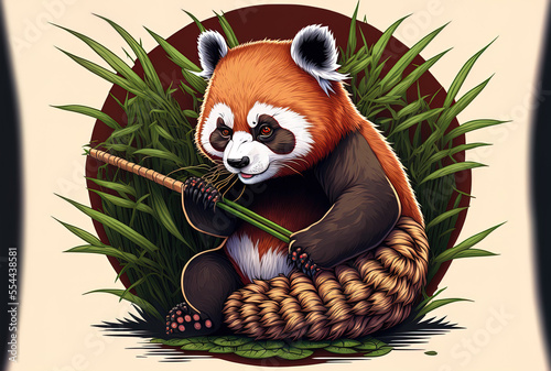 Cartoon symbol of a red panda struggling with bamboo. a nature and animal symbol. Generative AI