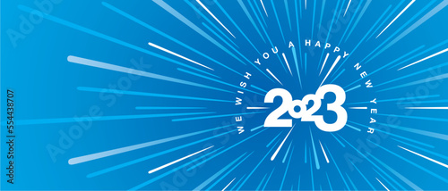 We wish you a Happy New Year 2023 high warp speed space white type typography with abstract tunnel or speedometer shape background greeting card