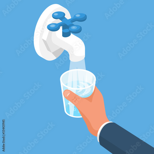 Man opens a water tap. Hand holding a glass. Kitchen faucet. Glass of clean water. Vector illustration isometric design. Isolated on background. Filling cup beverage. Pouring fresh drink.