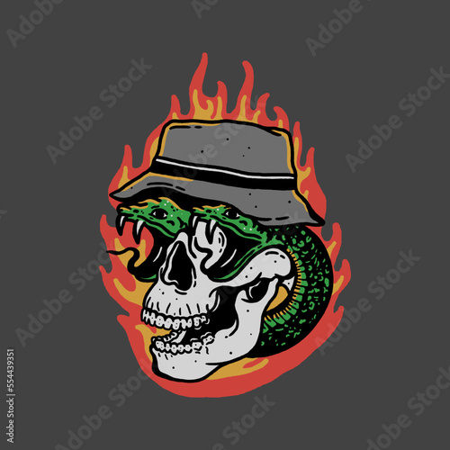 Skull and snike with fire background vector illustration design photo