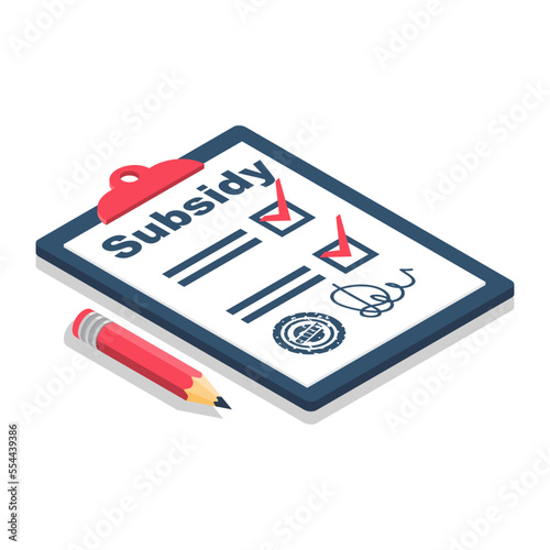Registration of subsidies. Writes a document. Sign the document, please get a discount on payment. Vector illustration flat design. Isolated on white background.