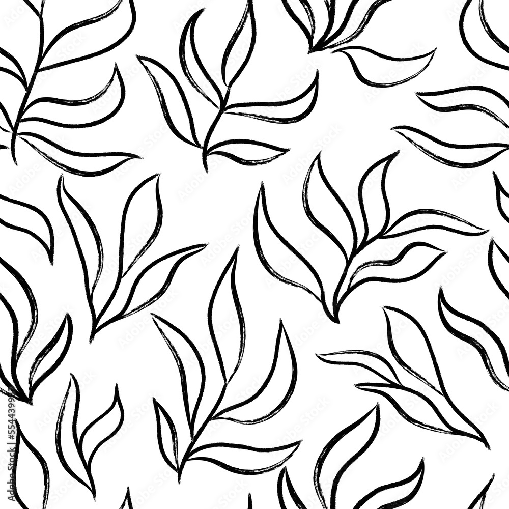 Fototapeta premium Seamless pattern with simple outline leaves and branches. Hand drawn black brush painted plants. Botanical seamless background. Vector illustration