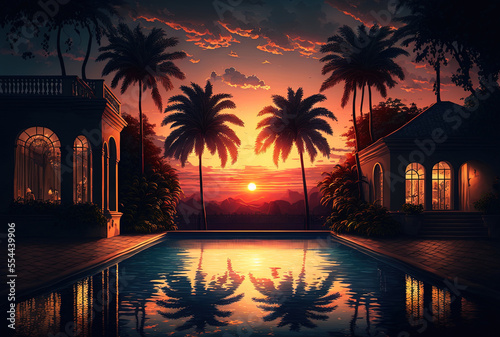 Luxury pool with a sunset above it. Palm trees, a health spa, and a beachside resort for the summer. Generative AI © 2rogan
