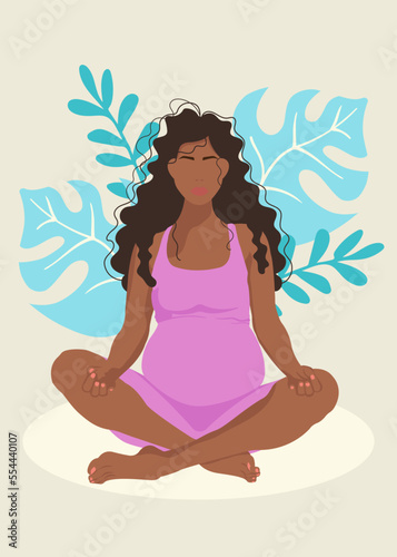 Pregnant woman doing yoga with nature background. Cute vector illustration in flat style.