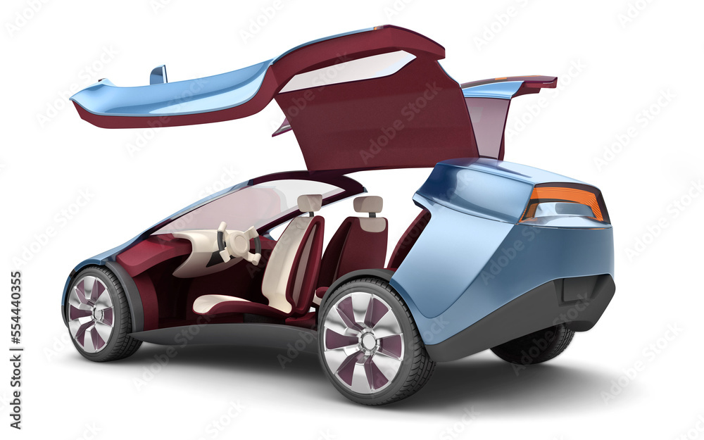Electric concept car with open doors . 3d rendering with soft falling shadows on a transparent background Electric concept car with open doors . 3d rendering with soft falling shadows on a transparent background