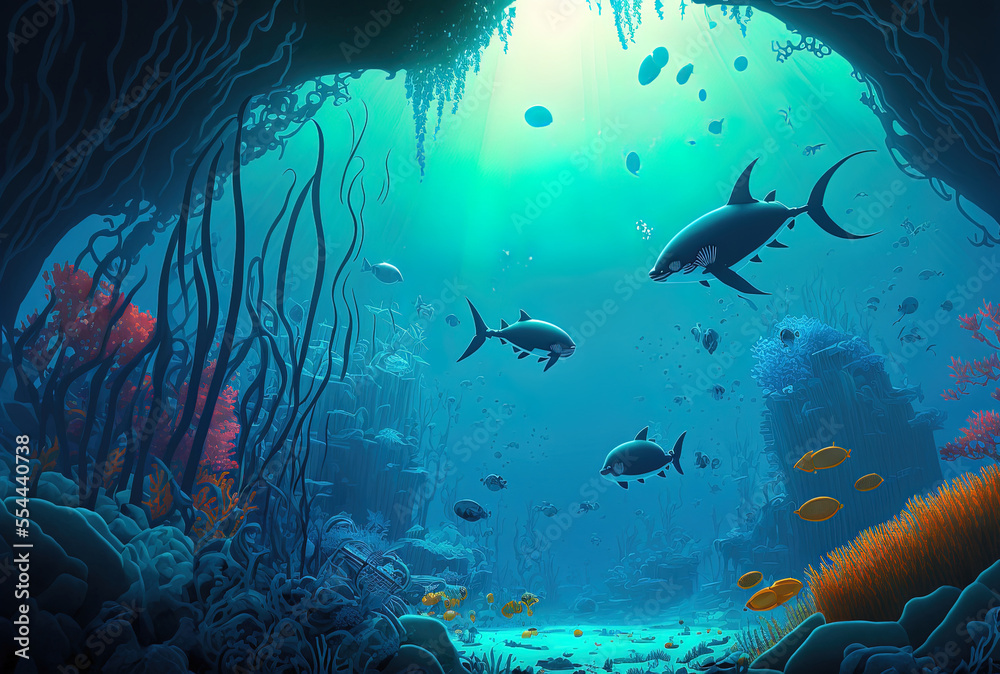 Obraz premium scenery in a cartoon underwater. Generative AI