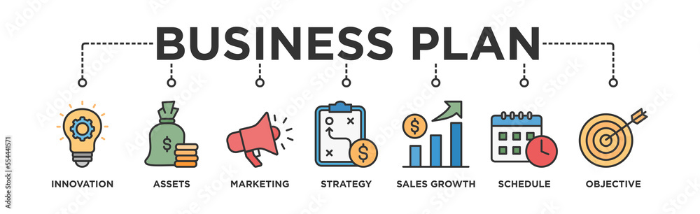 Business plan banner web icon vector illustration concept with icon of innovation, assets, marketing, strategy, sales growth, schedule, and objective Business plan banner web icon vector illustration concept with icon of innovation, assets, marketing, strategy, sales growth, schedule, and objective