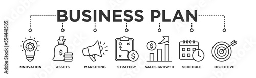 Business plan banner web icon vector illustration concept with icon of innovation, assets, marketing, strategy, sales growth, schedule, and objective