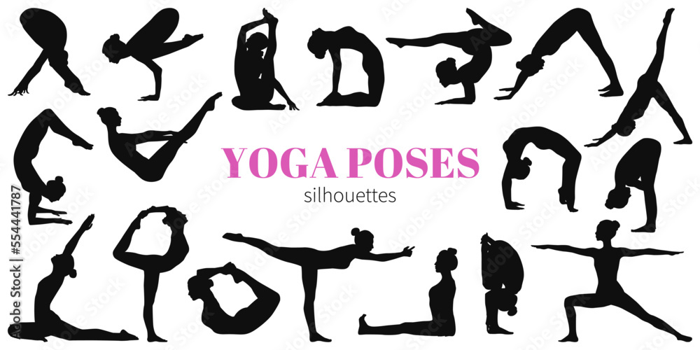 Set of female silhouettes doing yoga and fitness.