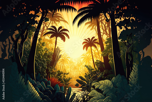 Sun Background Tropical Jungle Landscape. Generative AI