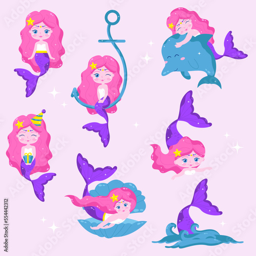 Collection of cartoon mermaid character. Vector