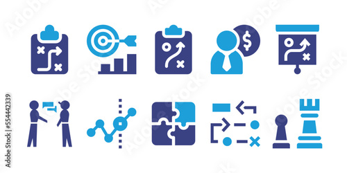 Strategy icon set. Vector illustration. Containing strategy, businessman, consulting, graph, puzzle, chess
