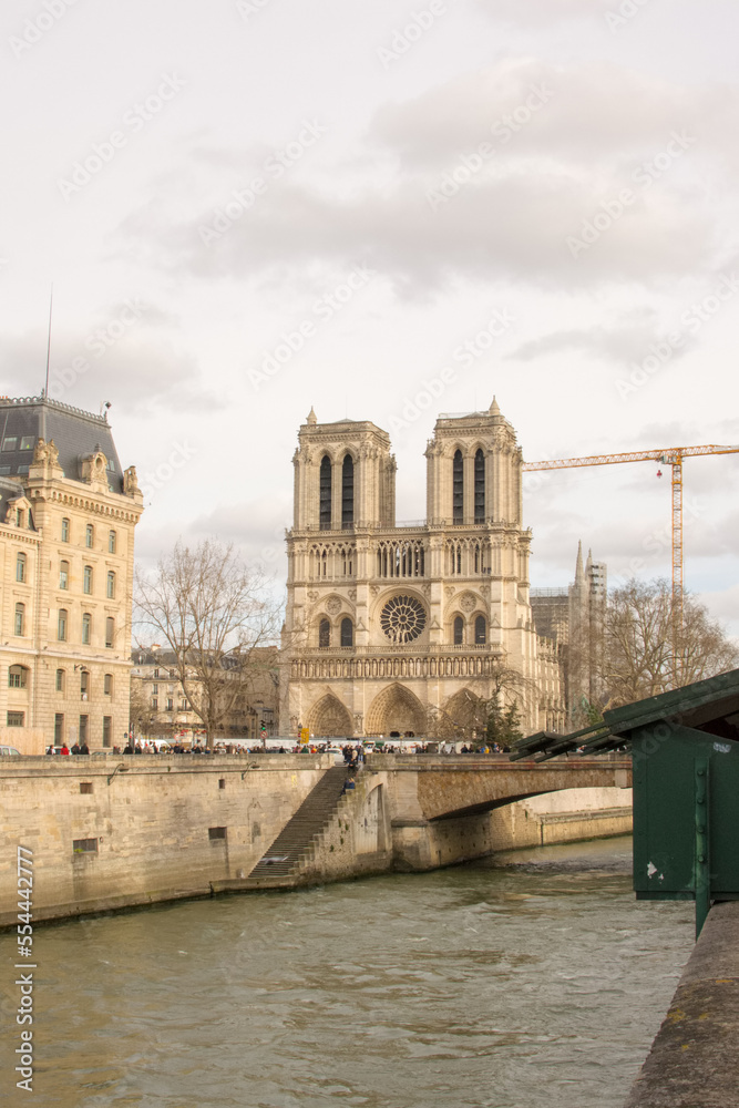 View of the Notre Dame Cathedral over the River Seine in Paris, France