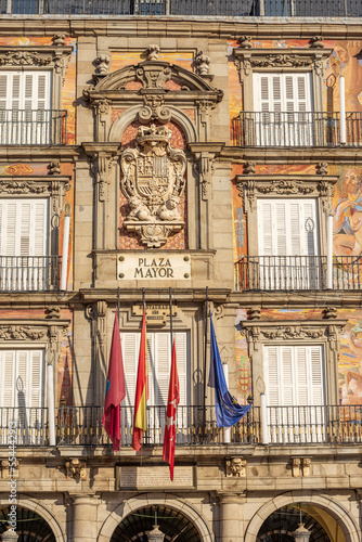 Closeup of the facade of the Casa De La Panaderia (house of the bakery, 1619), ancient palace in Plaza Mayor (main square), Madrid downtown, Spain, southern Europe.