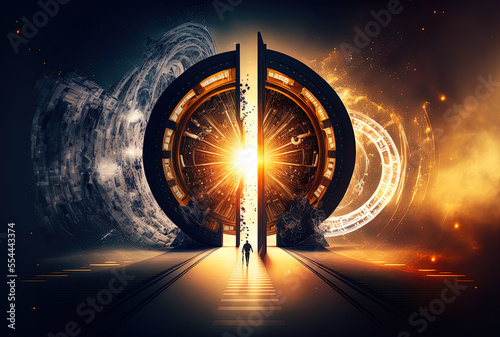 Time and space travel portal gateway abstract innovation space travel successful business future disruption strategy. Generative AI