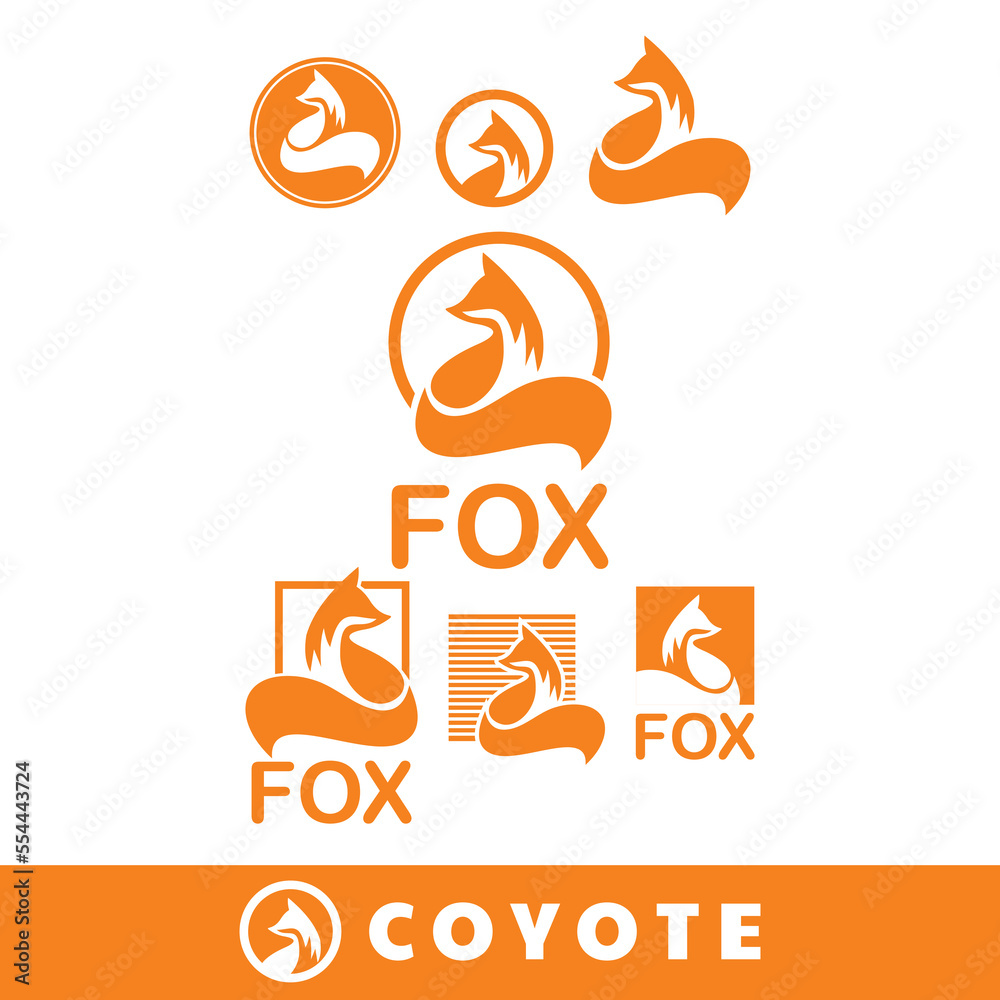 Obraz premium orange fox logo, silhouette of wild coyote sitting vector illustrations