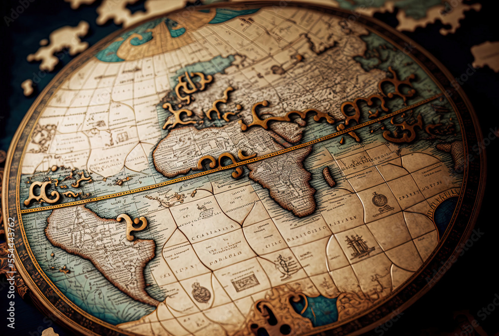 Naklejka premium a close up of a vintage puzzle made globe map. Generative AI