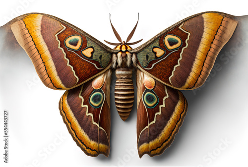 digital image of a big Saturniid moth called the Atlas moth (Attacus atlas), isolated on a white backdrop. Generative AI photo