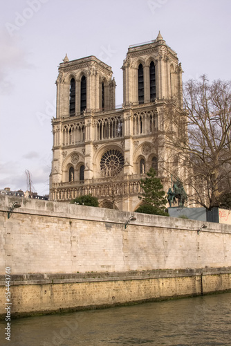 Notre Dame Cathedral from the River Seine in Paris, France