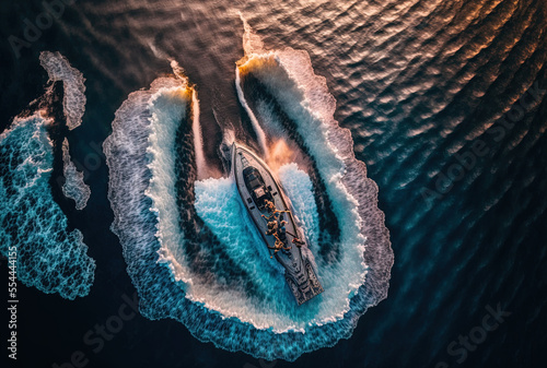 An aerial drone shot taken at dusk shows a stuntman executing daring acrobatics while circling above a boat that is anchored in the deep blue ocean on a jet ski. Generative AI © 2rogan