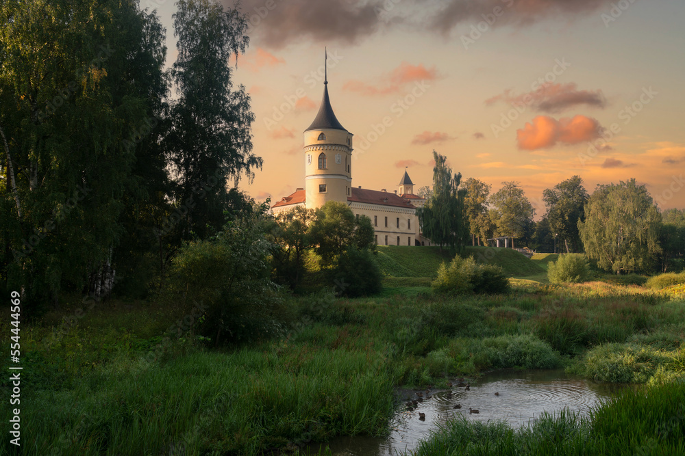 View of the Castle of the Russian Emperor Paul I-Marienthal (BIP fortress) from the Slavyanka River on a sunny summer morning, Pavlovsk, Saint Petersburg, Russia
