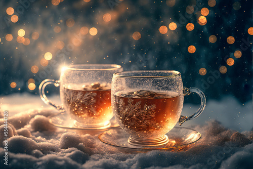 Fototapeta Drinking hot tea in winter. Generative AI.