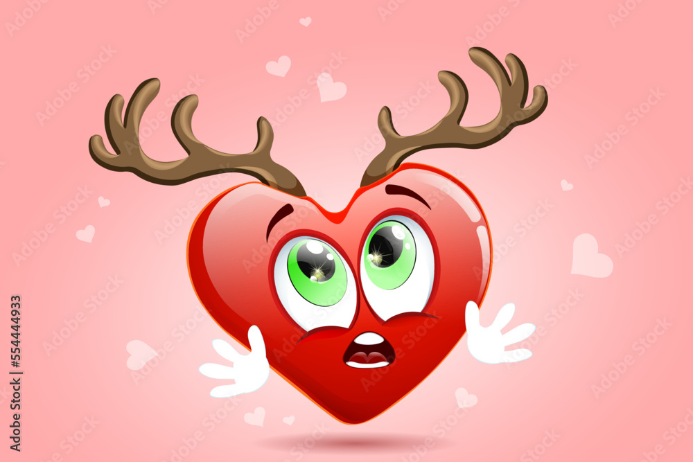 Scared cartoon HEART with open mouth and deer horns. Adultery, betrayal love concept