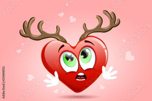 Scared cartoon HEART with open mouth and deer horns. Adultery, betrayal love concept