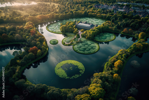 A stunning aerial picture of Copenhagen Botanical Garden and Kew Gardens, which are both located in the city's center and are the national parks of Denmark. Generative AI