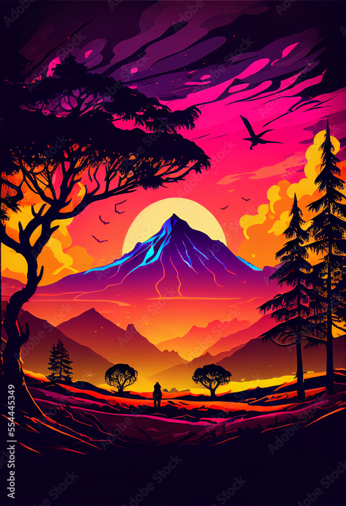 Beautiful landscape illustration. Peaceful warm sunrise over mountains and forest. Use as background or wallpaper.