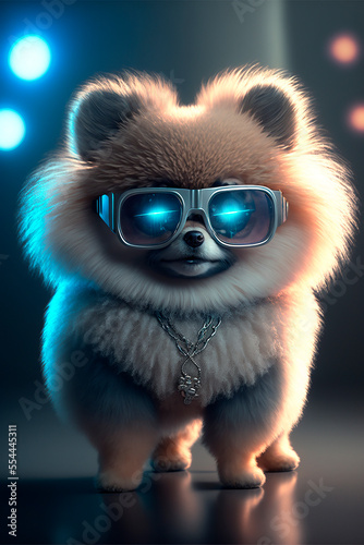 Cute Pomeranian in futuristic 3d glasses.Steampunk dog with glasses.Drawing cyberpunk painting.Digital designer art.Abstract surreal illustration.3D render