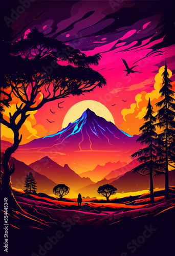 Beautiful landscape illustration. Peaceful warm sunrise over mountains and forest. Use as background or wallpaper.